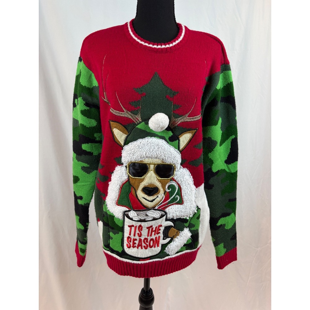 Celebrate Together Reindeer Camo Ugly Christmas Sweater Red Green Medium